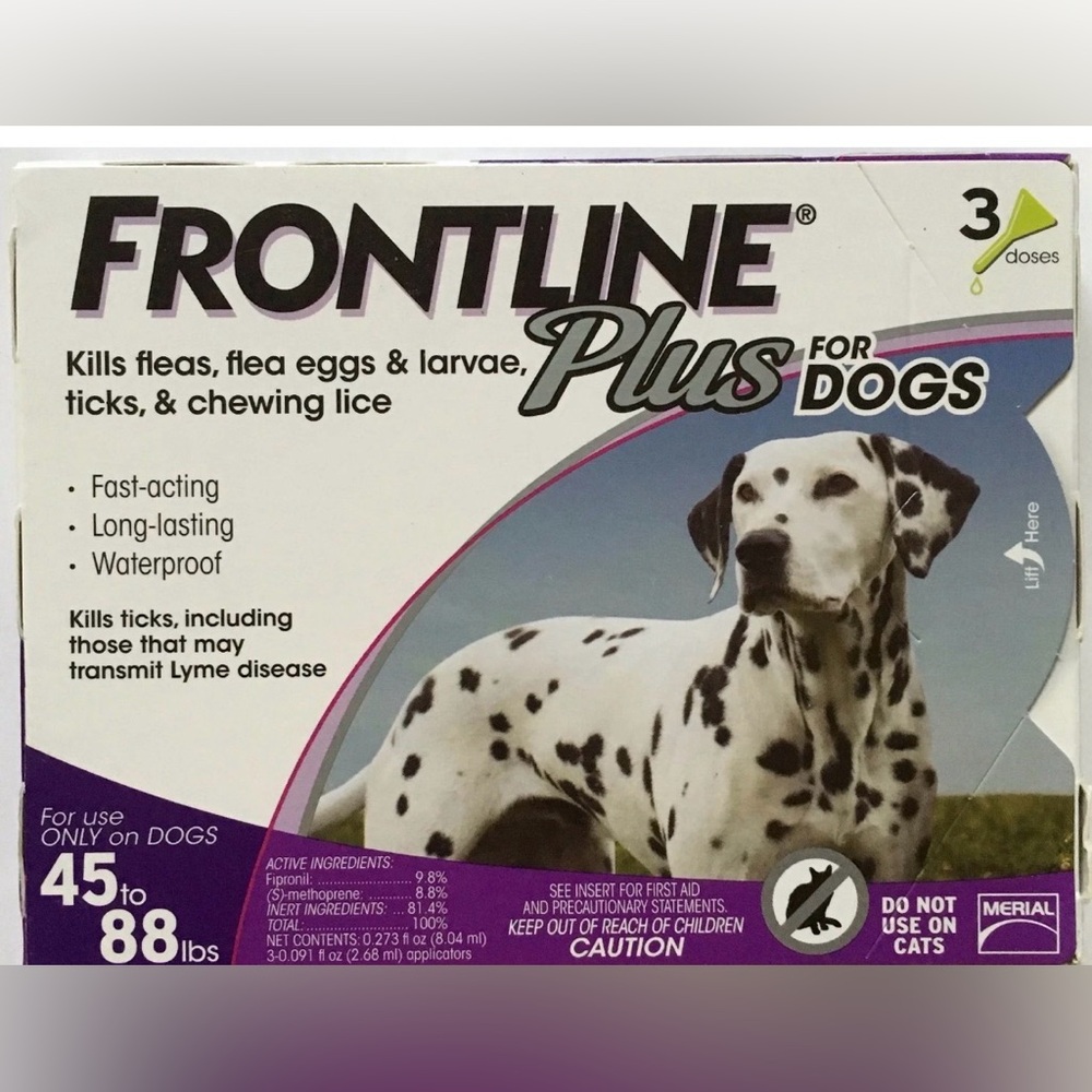 FRONTLINE Plus for Dogs Flea and Tick Medicine Large Purple Box 3 Doses 45-88 Lb